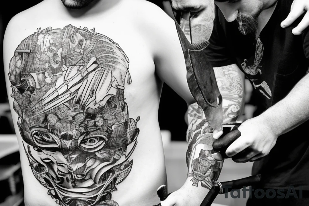 A young man welding, with the shadow or reflection being that of an older man (the father). Interspersed in this scene are elements like the motorcycle, tools, and the fern. tattoo idea