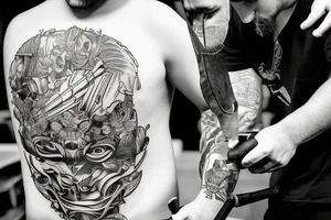 A young man welding, with the shadow or reflection being that of an older man (the father). Interspersed in this scene are elements like the motorcycle, tools, and the fern. tattoo idea