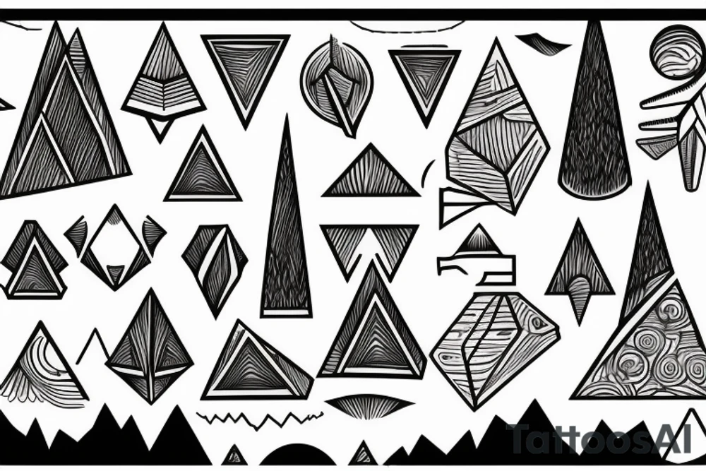 A Geomertric Design with A city Leading to TreeRods and Mountain tattoo idea