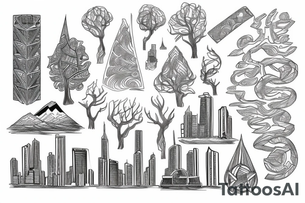 A Geomertric Design with A city, L
leading to Tree roods and Mountain tattoo idea