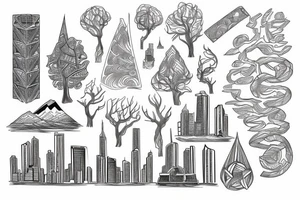 A Geomertric Design with A city, L
leading to Tree roods and Mountain tattoo idea