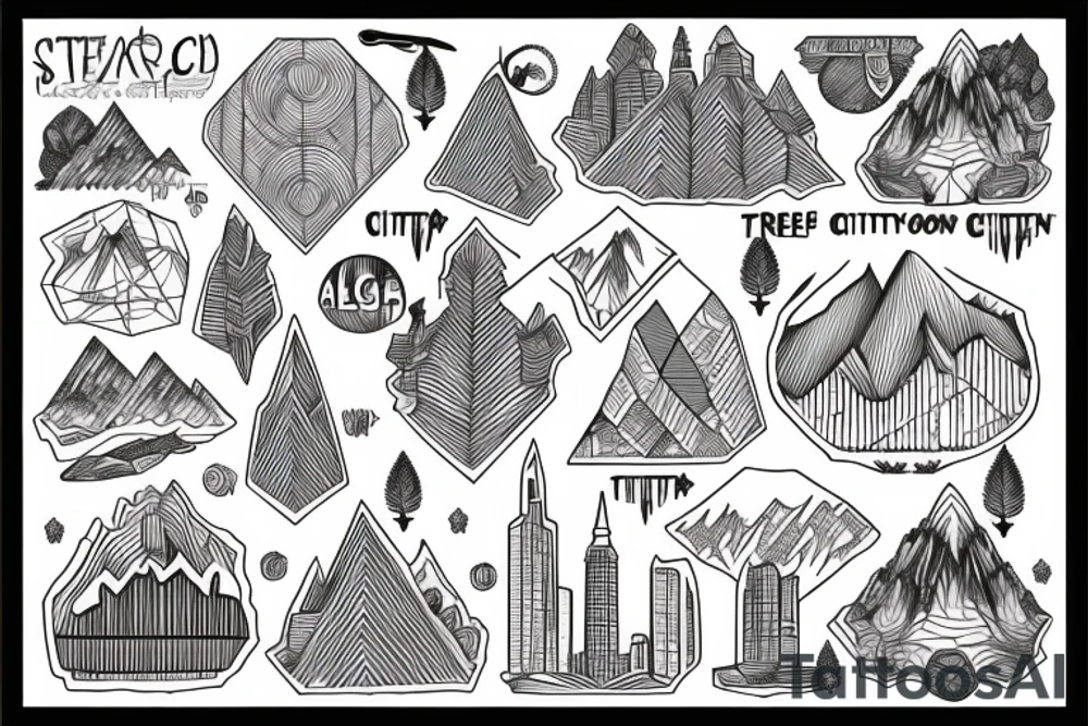 A Geomertric Design with A city, L
leading to Tree roods and Mountain tattoo idea