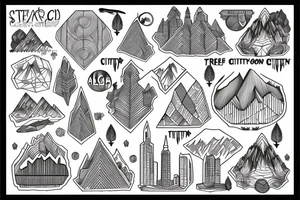 A Geomertric Design with A city, L
leading to Tree roods and Mountain tattoo idea