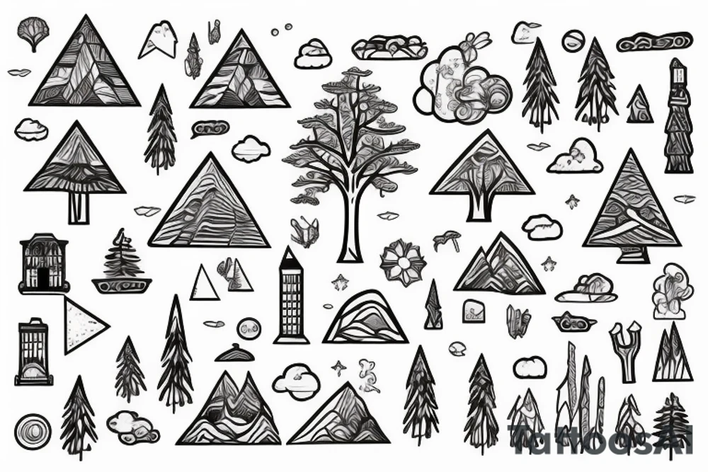 A Geomertric Design with A city, 
leading to Tree roods and Mountain tattoo idea