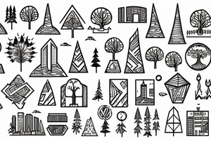A Geomertric Design with A city, 
leading to Tree roods and Mountain tattoo idea