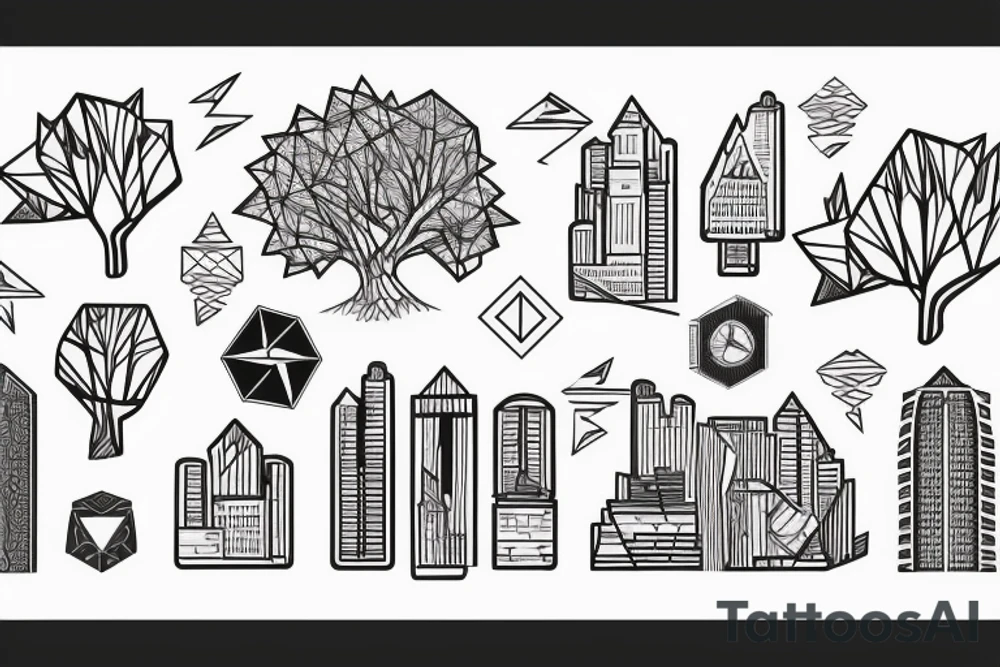 A city with Skyscarpers leading upsidedown to a Tree roods and Mountain tattoo idea