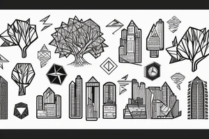 A city with Skyscarpers leading upsidedown to a Tree roods and Mountain tattoo idea