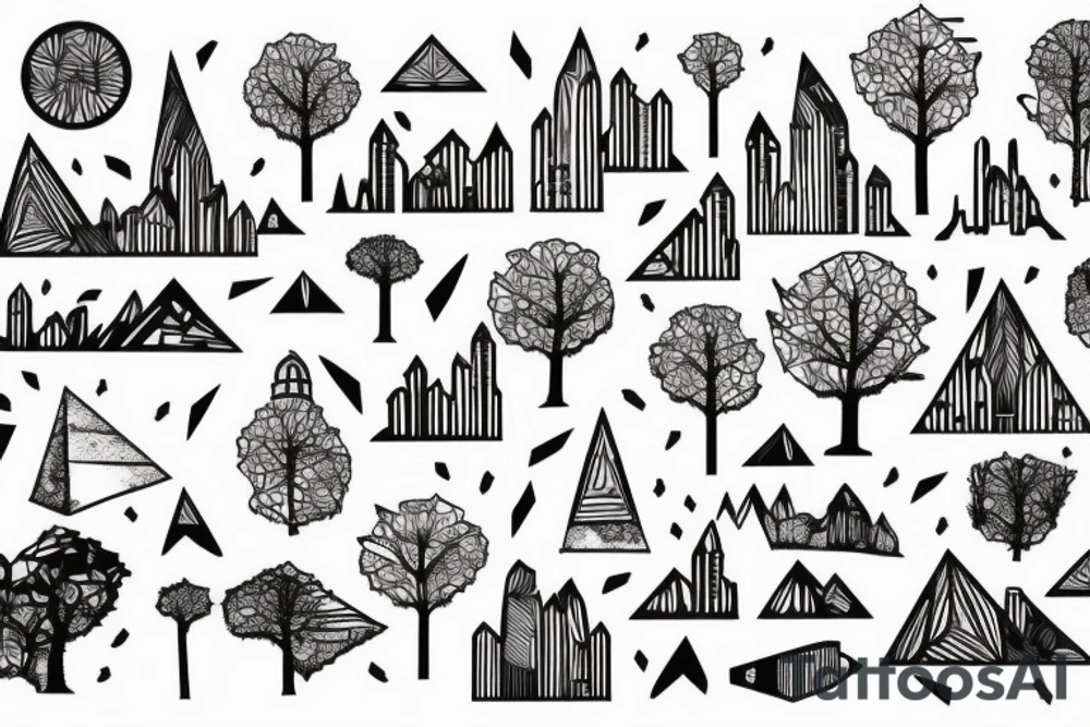 A city with Skyscarpers leading upsidedown to a Tree roods and Mountain tattoo idea