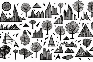 A city with Skyscarpers leading upsidedown to a Tree roods and Mountain tattoo idea