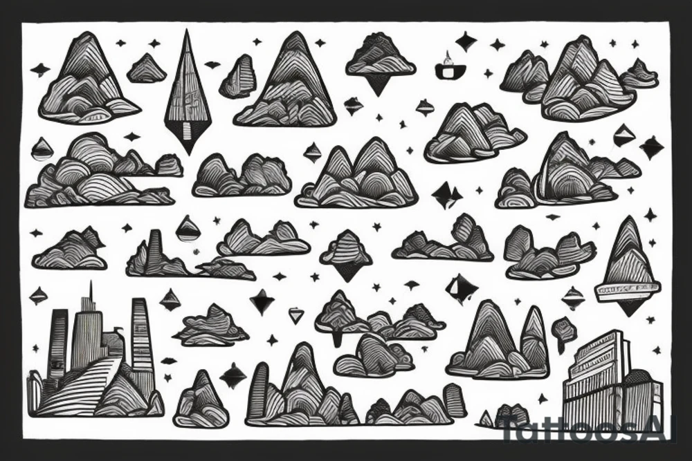 A city with Skyscarpers leading upsidedown to a Tree roods and Mountain tattoo idea