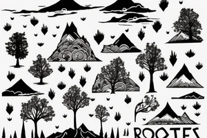 A city with Skyscarpers leading upsidedown to a Tree roods and Mountain tattoo idea