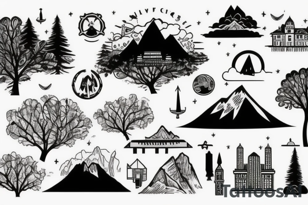 A city with Skyscarpers leading upsidedown to a Trees and Mountain tattoo idea