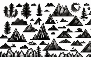 A city with Skyscarpers leading upsidedown to a Trees and Mountain tattoo idea