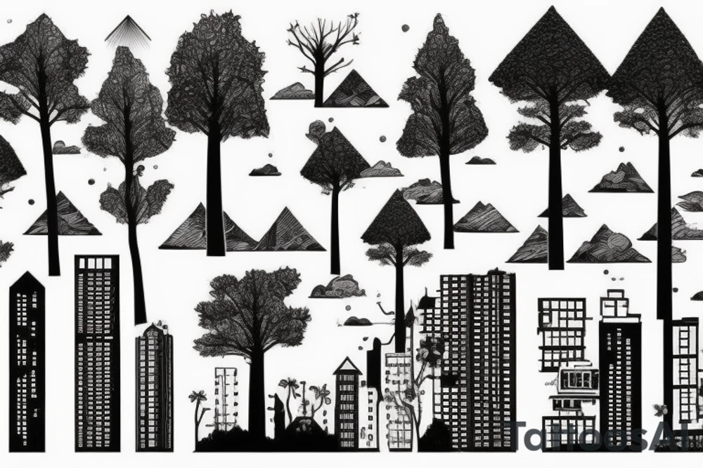 A city Bulidings with Skyscarpers upsidedown Trees and a Mountain tattoo idea
