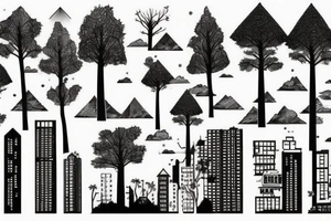 A city Bulidings with Skyscarpers upsidedown Trees and a Mountain tattoo idea