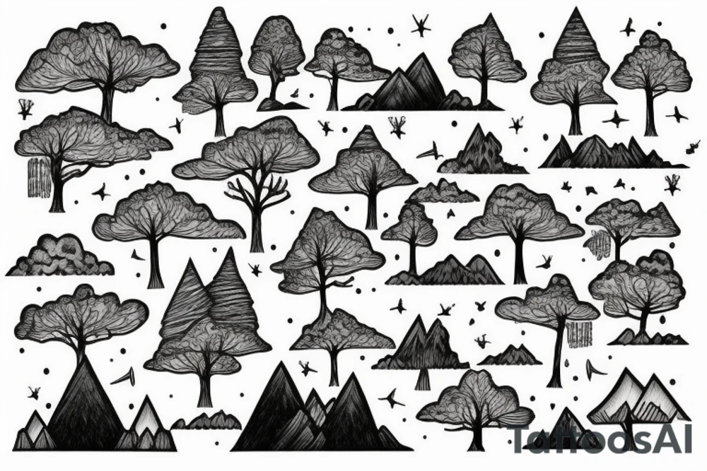 A city Bulidings with Skyscarpers upsidedown Trees and a Mountain tattoo idea