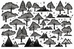 A city Bulidings with Skyscarpers upsidedown Trees and a Mountain tattoo idea