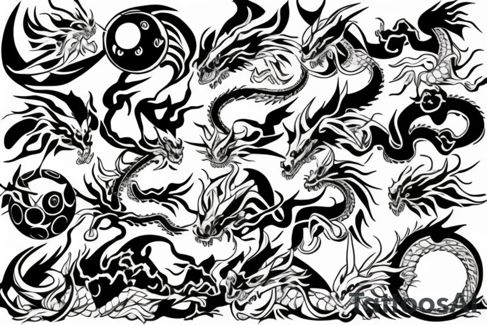 2 dragons surrounding a poke ball tattoo idea