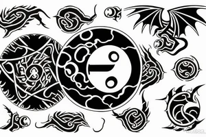 2 dragons surrounding a poke ball yingyang style tattoo idea