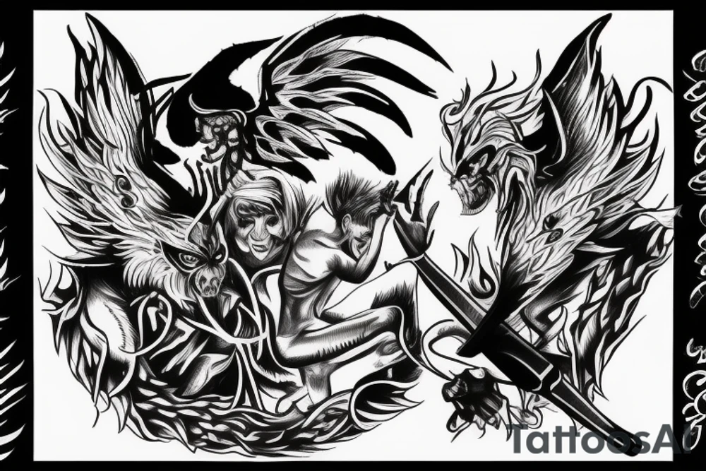A demon and an angle fighting over PTSD tattoo idea