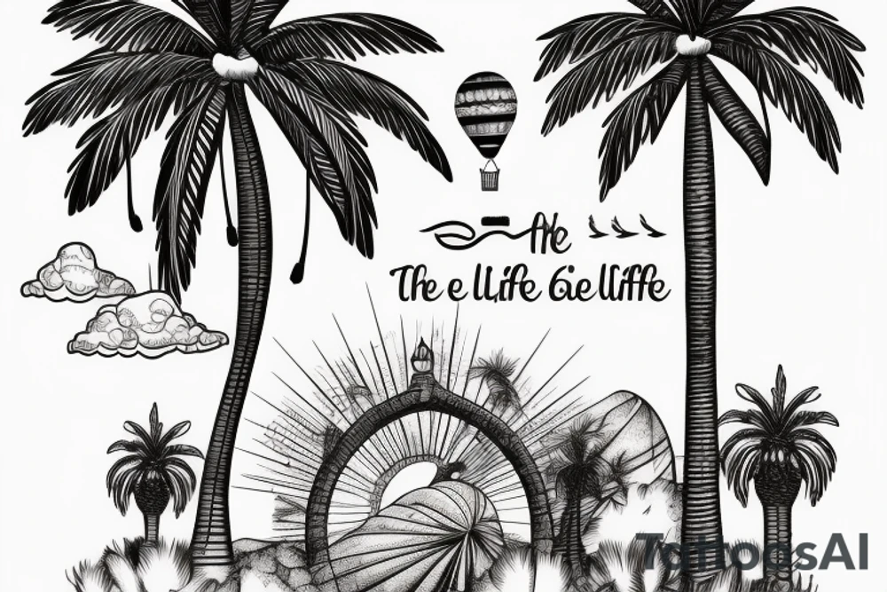 A hot air balloon, the utah arch, a palm tree and  "the good life" arranged together in a feminine tattoo tattoo idea