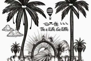 A hot air balloon, the utah arch, a palm tree and  "the good life" arranged together in a feminine tattoo tattoo idea