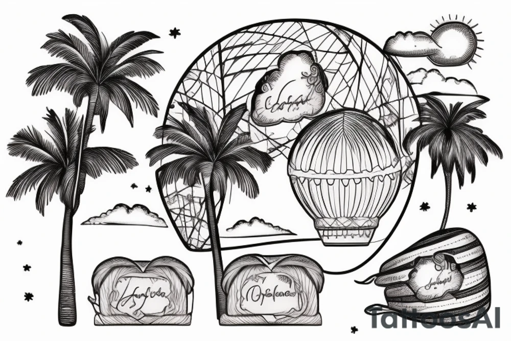 A hot air balloon, the moab arch, a palm tree and  "the good life" arranged together in a feminine tattoo tattoo idea