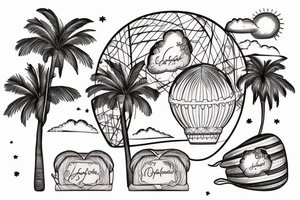 A hot air balloon, the moab arch, a palm tree and  "the good life" arranged together in a feminine tattoo tattoo idea