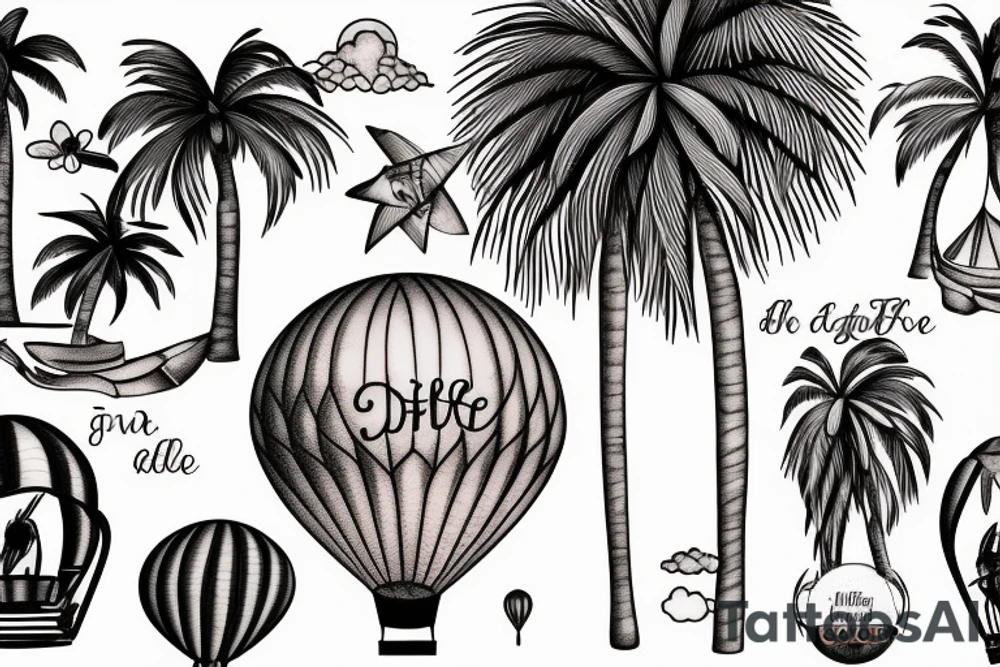 A hot air balloon, the moab arch, a palm tree and  "the good life" arranged together in a feminine tattoo tattoo idea
