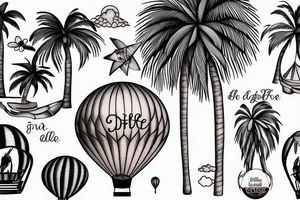A hot air balloon, the moab arch, a palm tree and  "the good life" arranged together in a feminine tattoo tattoo idea