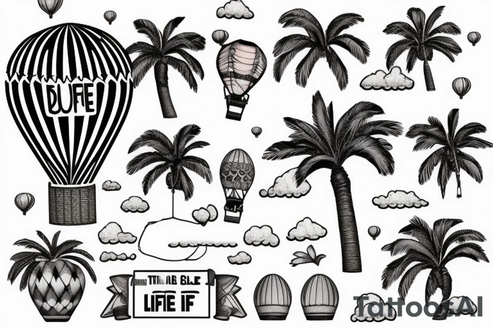 A hot air balloon, the moab arch, a palm tree and "the good life" arranged together in a feminine tattoo tattoo idea