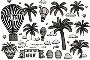 A hot air balloon, the moab arch, a palm tree and  "the good life" arranged together in a feminine tattoo tattoo idea