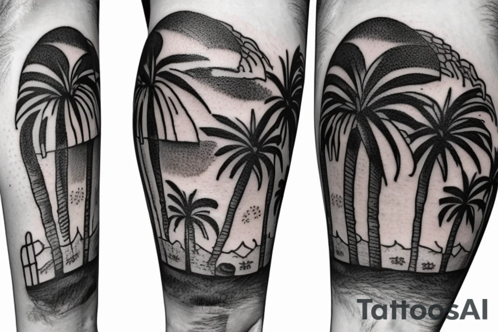 Forearm tattoo of A hot air balloon, the moab arch, a palm tree and  "the good life" arranged together tattoo idea