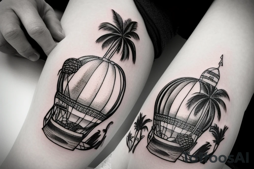 Forearm tattoo of A hot air balloon, the moab arch, a palm tree and  "the good life" arranged together tattoo idea