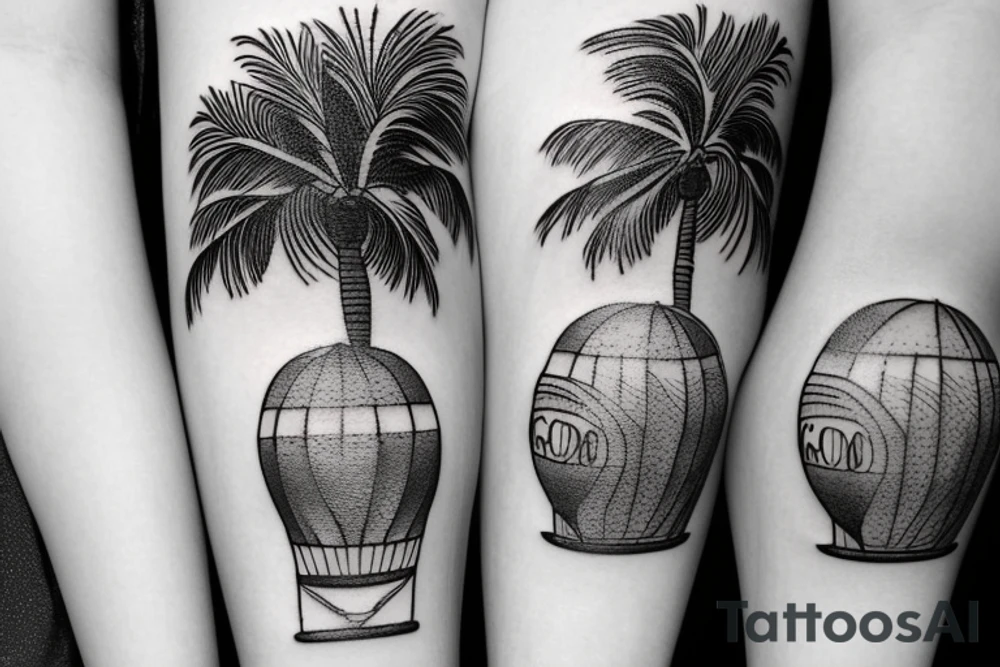 Forearm tattoo of A hot air balloon, the moab arch, a palm tree and  "the good life" tattoo idea