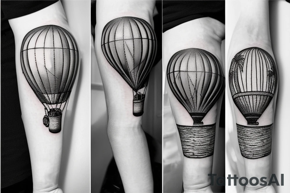 Forearm tattoo of A hot air balloon, the moab arch, a palm tree and  "the good life" tattoo idea
