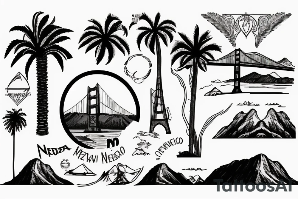 New mexico Zia symbol, palm tree, golden gate Bridge, moab arch tattoo idea