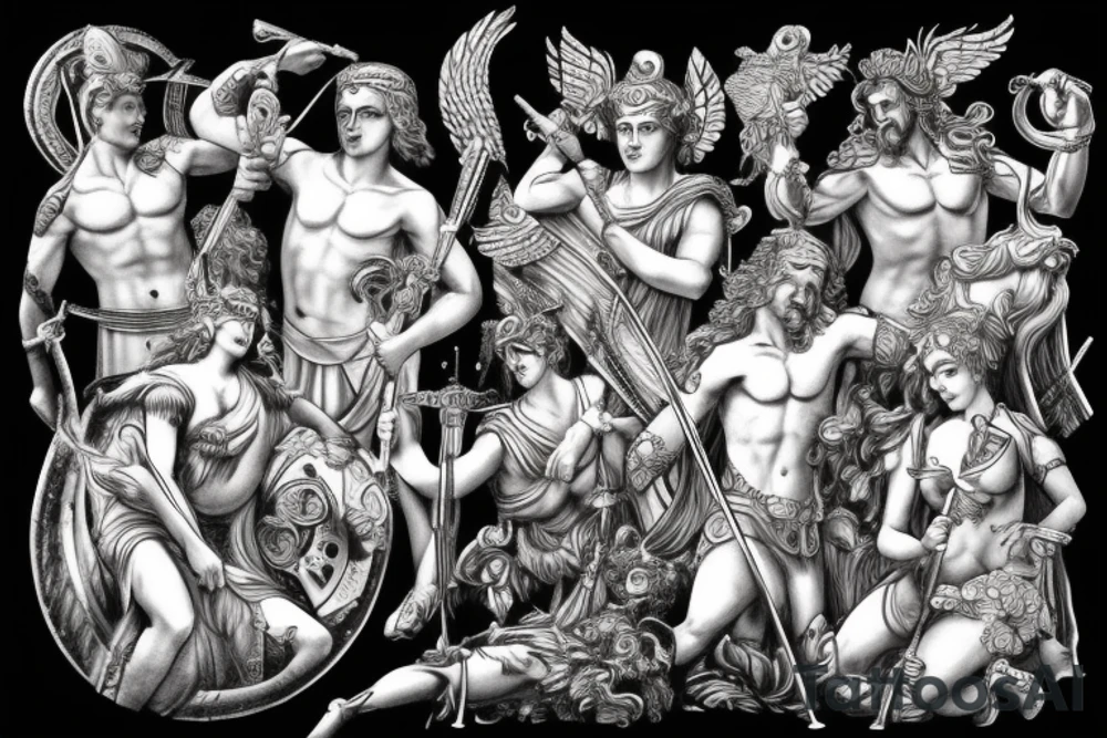 Greek gods and goddesses Athena,Zeus,Apollo,Hera,Poseidon,Hermes,Ares battling hades and his army of the dead on the battlefield of a crumbling Olympus tattoo idea