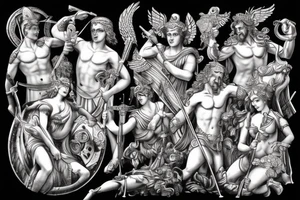 Greek gods and goddesses Athena,Zeus,Apollo,Hera,Poseidon,Hermes,Ares battling hades and his army of the dead on the battlefield of a crumbling Olympus tattoo idea