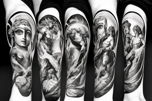 Greek gods and goddesses Athena,Zeus,Apollo,Hera,Poseidon,Hermes,Ares battling hades and his army of the dead on the battlefield of a crumbling Olympus tattoo idea