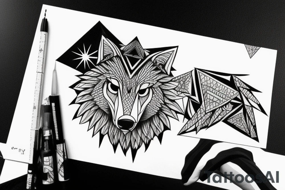 wolf with rhombus and finart and light shadow tattoo idea