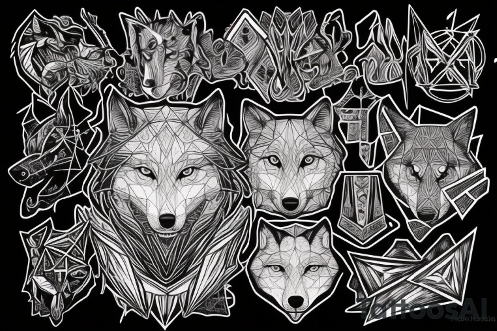 wolf with rhombus and finart and light shadow and lots of geometric tattoo idea