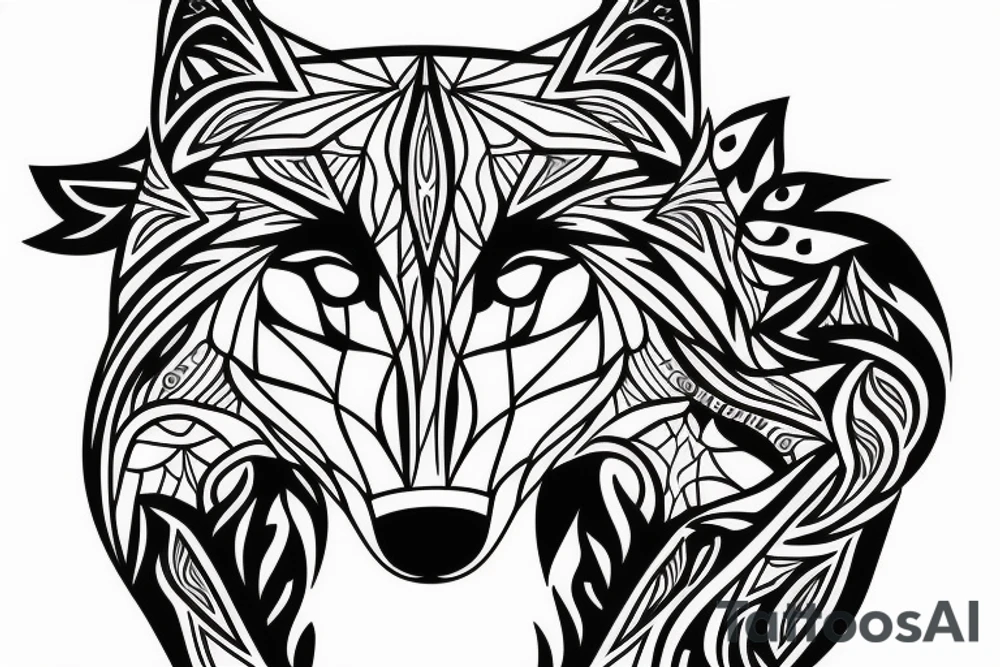 wolf with 
 geometric line tattoo idea