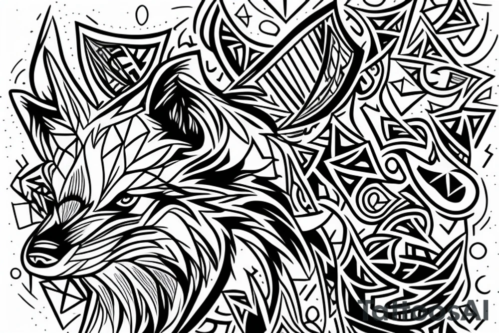 wolf with 
 geometric line outside tattoo idea