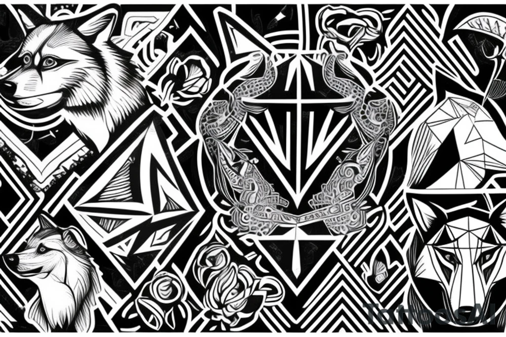 wolf with 
 geometric line outside tattoo idea