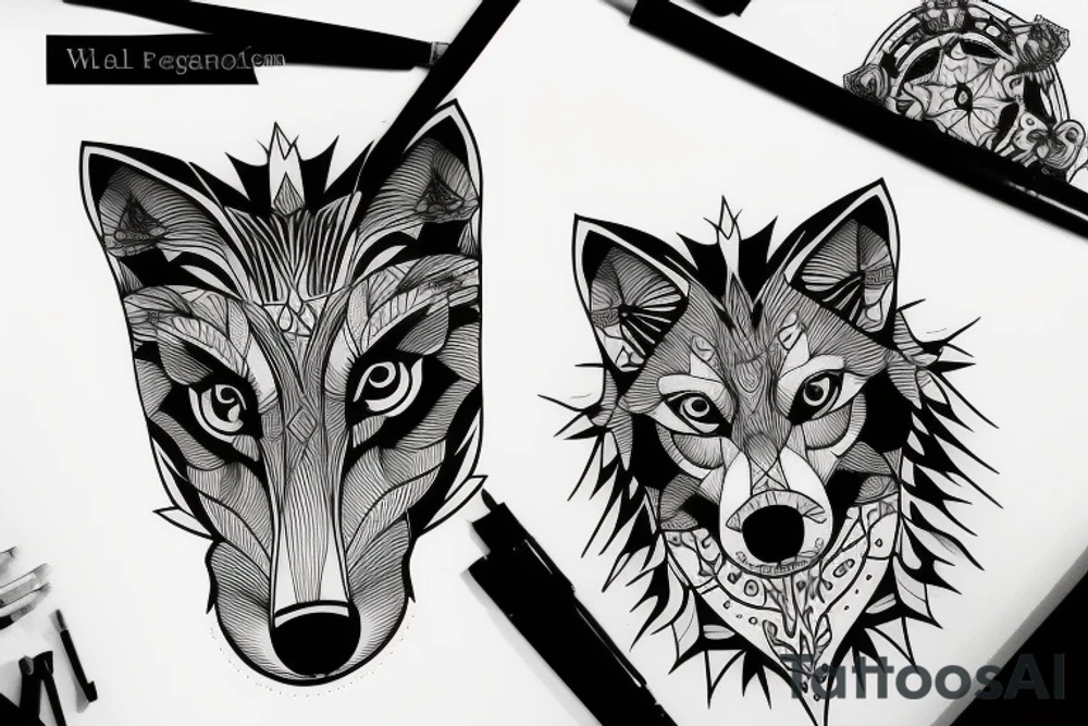 wolf with 
 geometric line tattoo idea