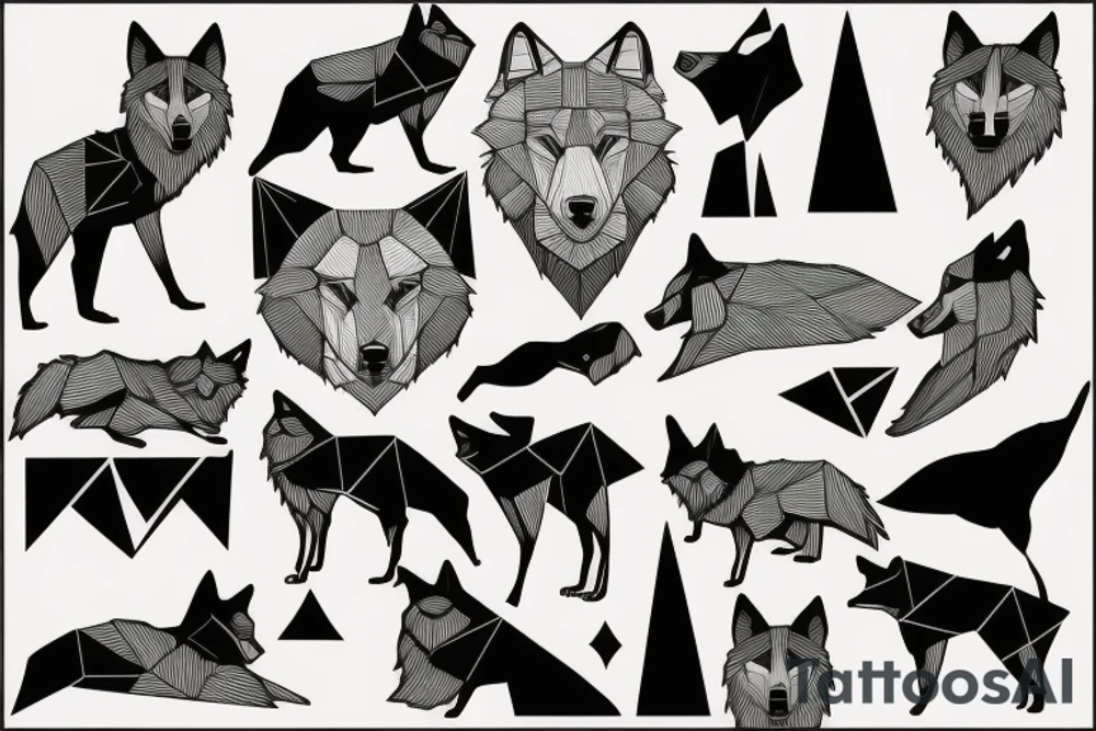wolf with 
 geometric line tattoo idea