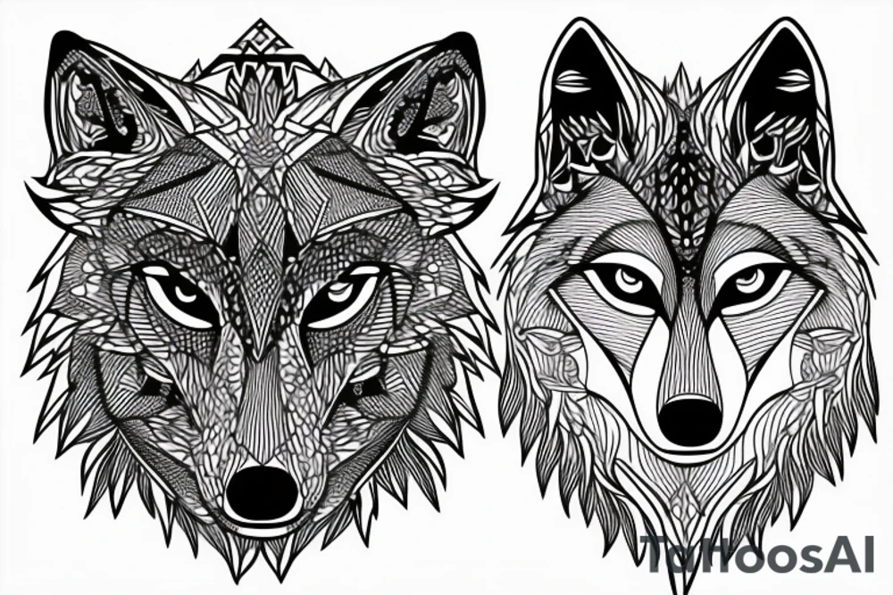 wolf with 
 geometric line tattoo idea