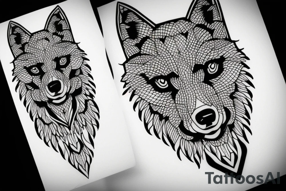 wolf with 
 geometric line tattoo idea