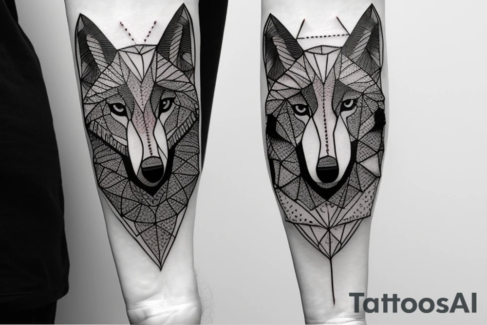 wolf with 
straight geometric line tattoo idea